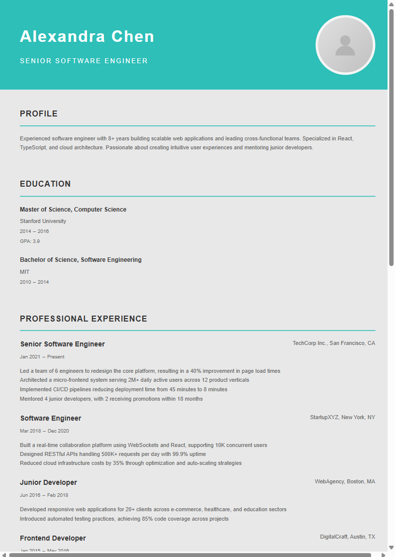 Teal Modern resume template preview
